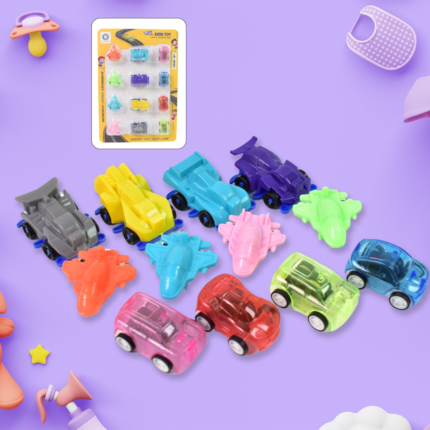 Mini Pull Back Car & Aeroplane Plastic Pull Back Car Cartoon Toys (12 Pcs Set)-Toys & Games-AniGuess-AniGuess