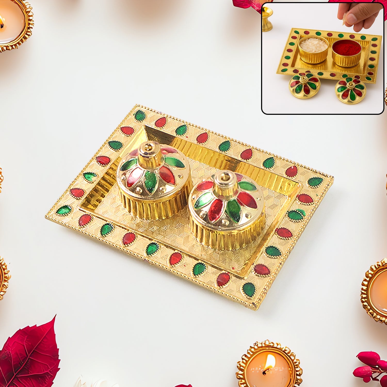 Rakasha Bandhan Special Puja Thali, Kumkum Thali Holder, Pooja Return Gift, Indian Housewarming Gifts, Brother / Bhai / Bhabhi / Sister / Family   for Rakshabandhan, Diwali (Mix Design)-Home Improvement-AniGuess-AniGuess