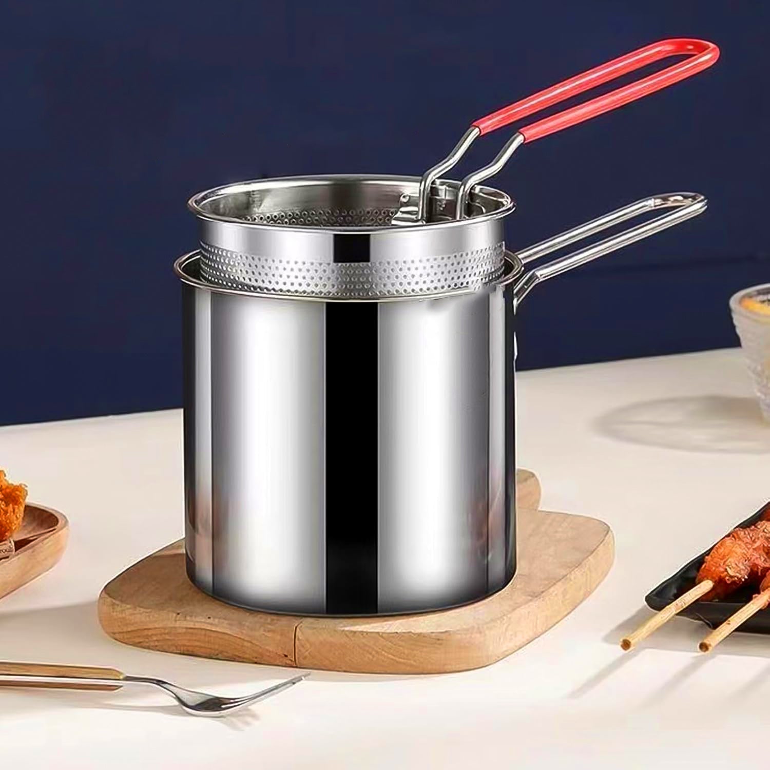 Small Deep Frying Pot With Strainer Basket (2 Pc Set / 1200 ML))-Home & Kitchen-AniGuess-AniGuess