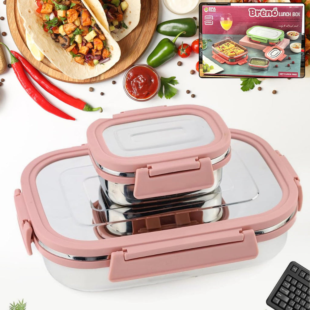 Stainless Steel Leak Proof Air Tight Lunch Boxes (900ML+200ML Approx / 2 Pc Set)-Home & Kitchen-AniGuess-AniGuess