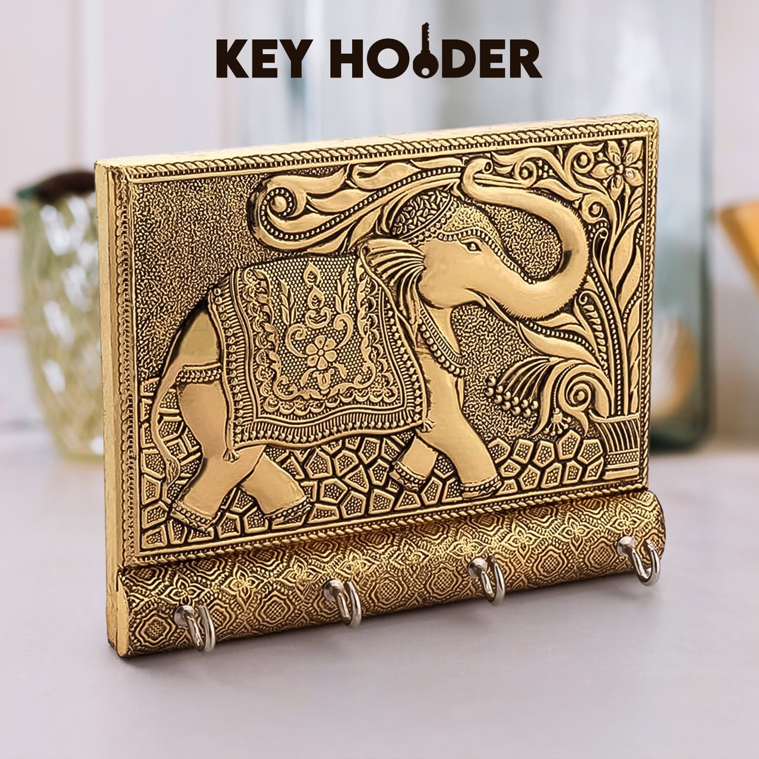Wooden Key Holder for Home Decor Stylish Metal Gold Antique Elephant Design (1 Pc)-Home Improvement-AniGuess-AniGuess