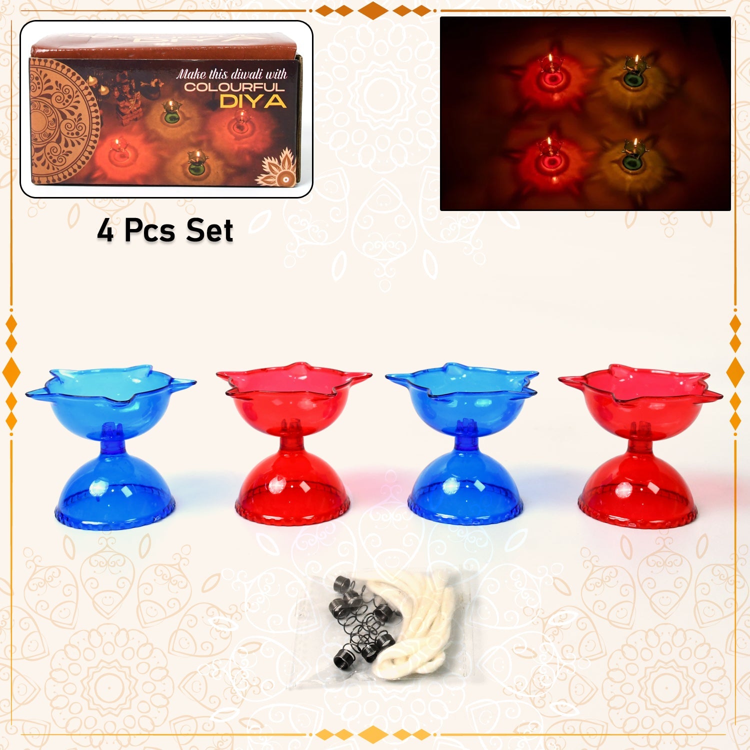 Colourful Reflection Diya Combo Plastic Candle Cup Multi Shape, Diwali (4 Pcs Set)-Home Improvement-AniGuess-AniGuess