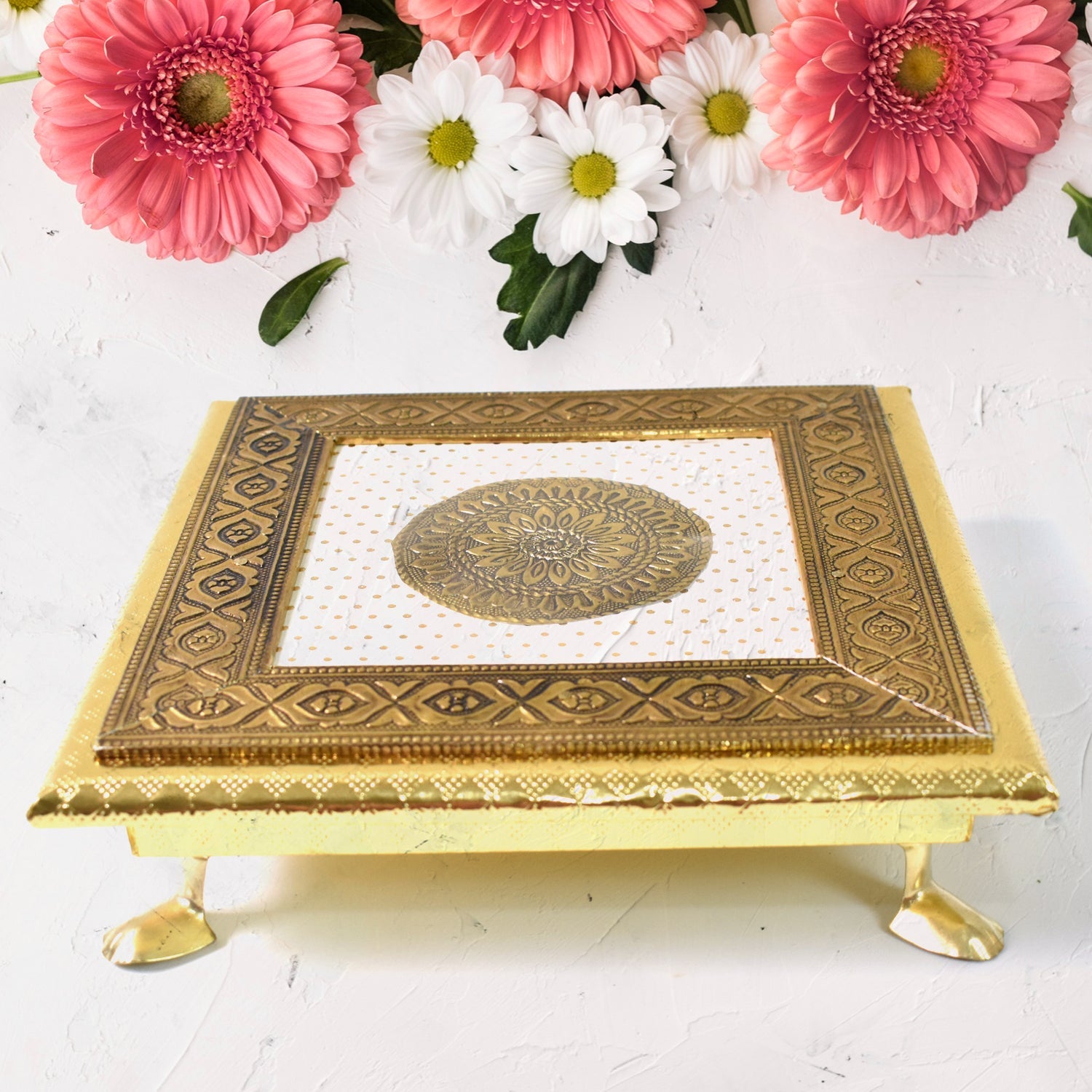 Golden - Square Pooja Chowki Patla / Bajot (20×20 CM / 1 Pc)-Home Improvement-AniGuess-AniGuess