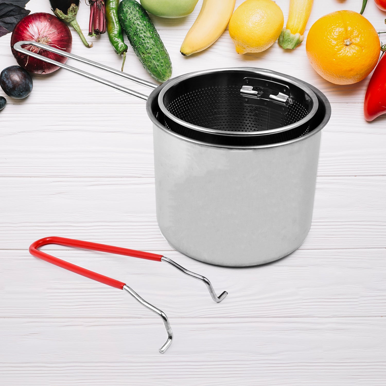 Small Deep Frying Pot With Strainer Basket (2 Pc Set / 1200 ML))-Home & Kitchen-AniGuess-AniGuess