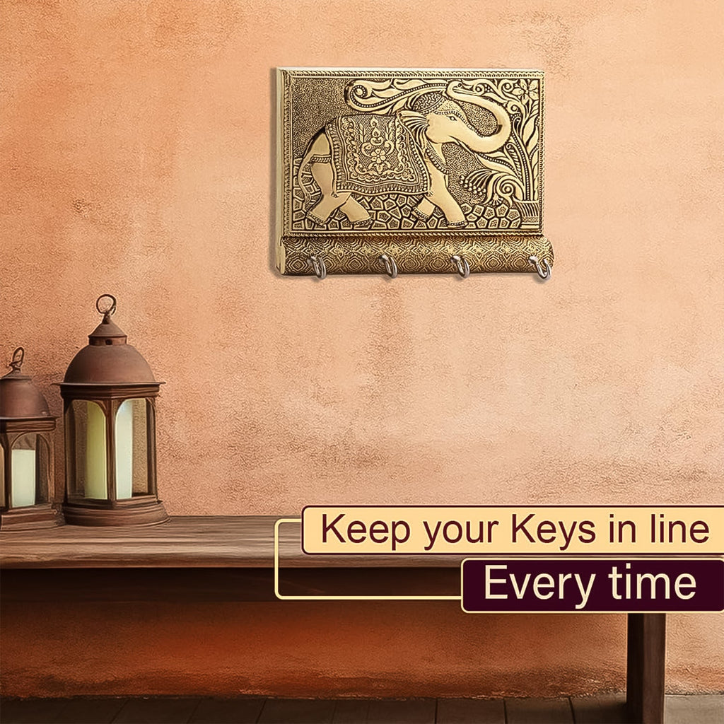 Wooden Key Holder for Home Decor Stylish Metal Gold Antique Elephant Design (1 Pc)-Home Improvement-AniGuess-AniGuess
