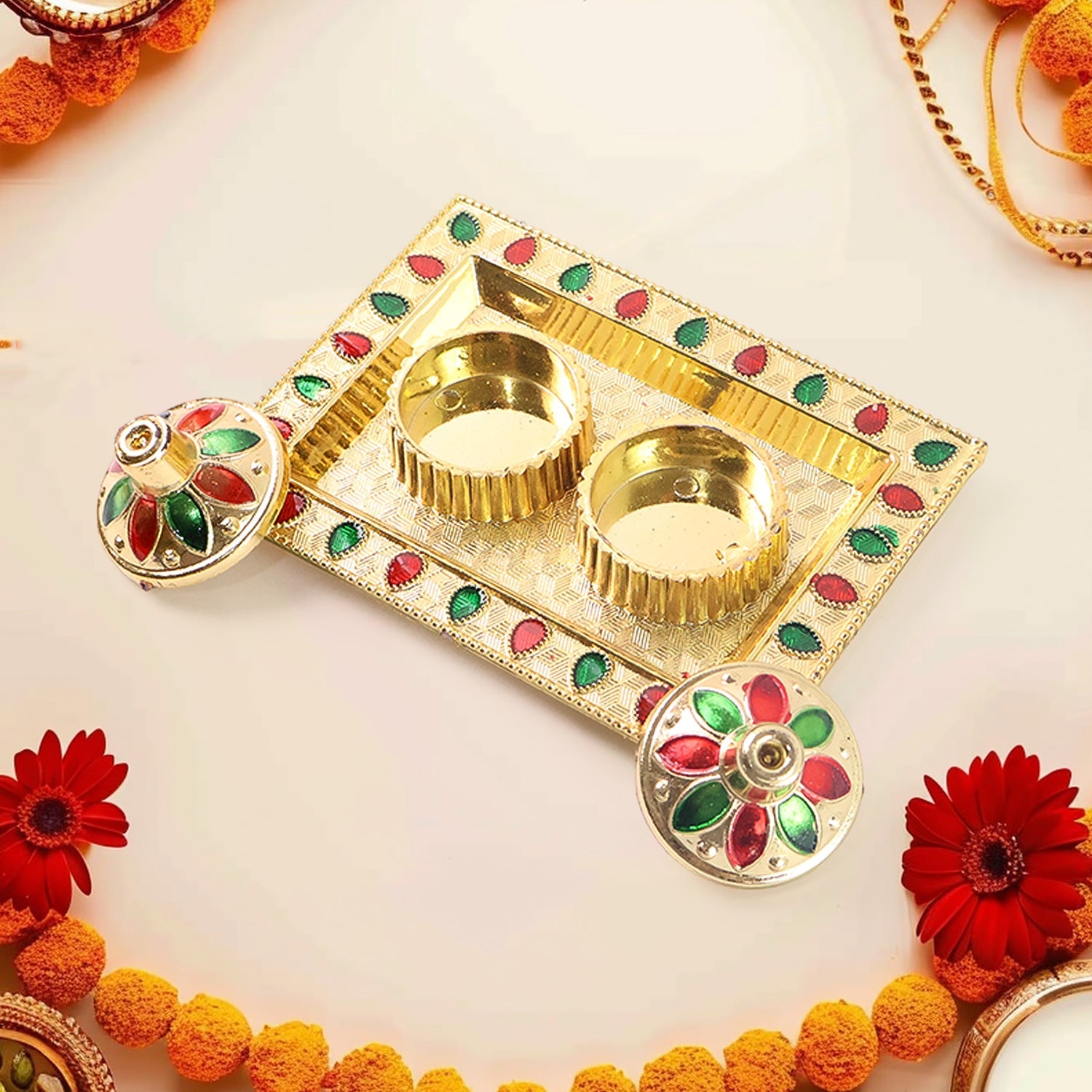 Rakasha Bandhan Special Puja Thali, Kumkum Thali Holder, Pooja Return Gift, Indian Housewarming Gifts, Brother / Bhai / Bhabhi / Sister / Family   for Rakshabandhan, Diwali (Mix Design)-Home Improvement-AniGuess-AniGuess
