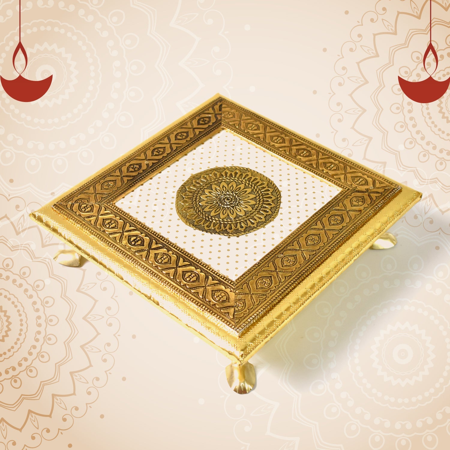 Golden - Square Pooja Chowki Patla / Bajot (20×20 CM / 1 Pc)-Home Improvement-AniGuess-AniGuess