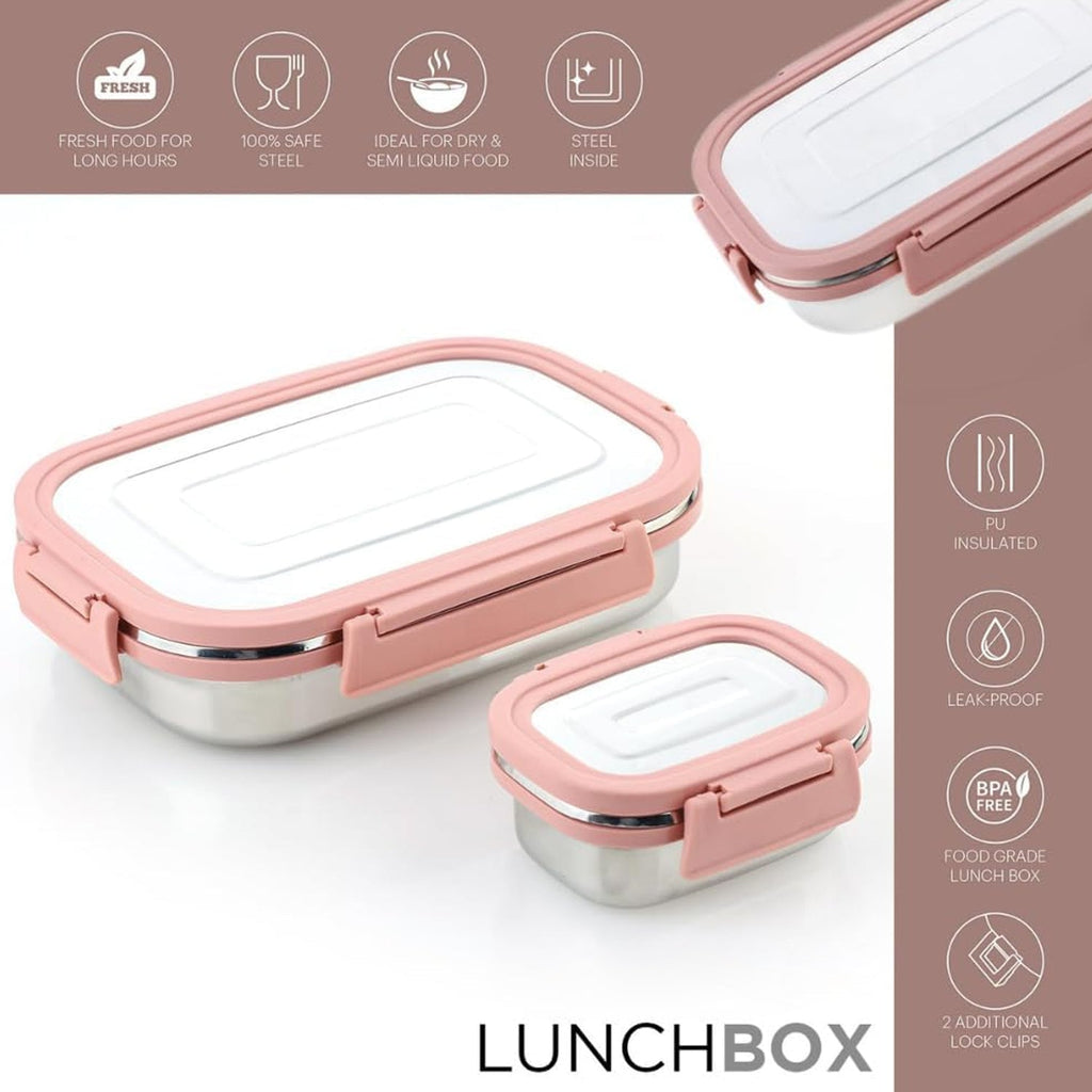 Stainless Steel Leak Proof Air Tight Lunch Boxes (900ML+200ML Approx / 2 Pc Set)-Home & Kitchen-AniGuess-AniGuess
