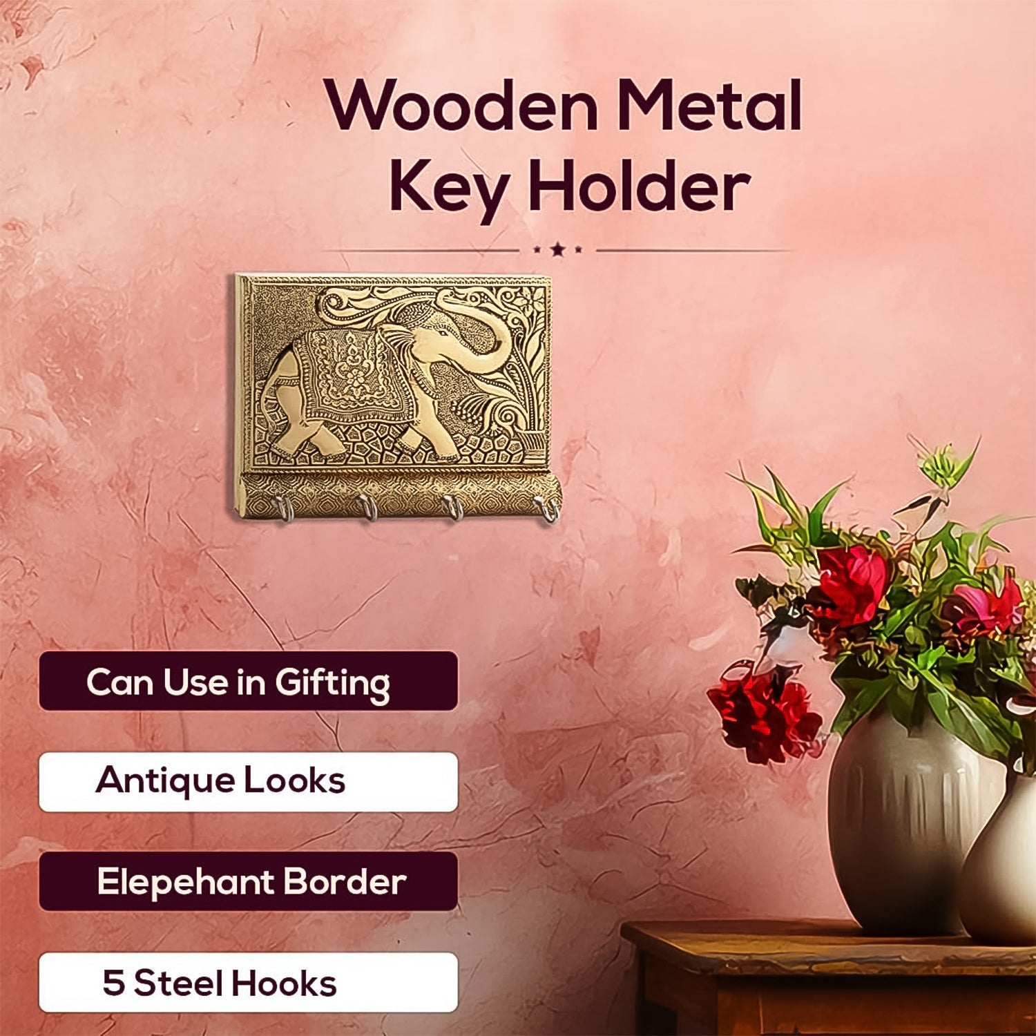 Wooden Key Holder for Home Decor Stylish Metal Gold Antique Elephant Design (1 Pc)-Home Improvement-AniGuess-AniGuess