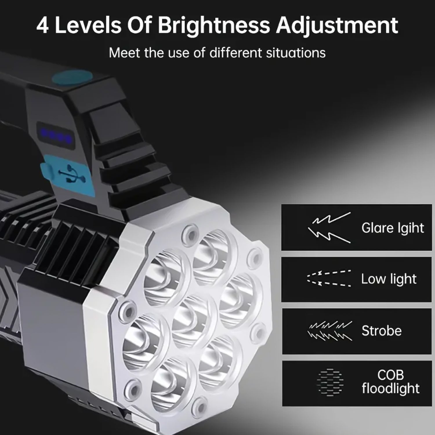 Portable COB 7LED USB Rechargeable Flashlight / Torch with Side Light (1 Pc)-Garden & Outdoors-AniGuess-AniGuess