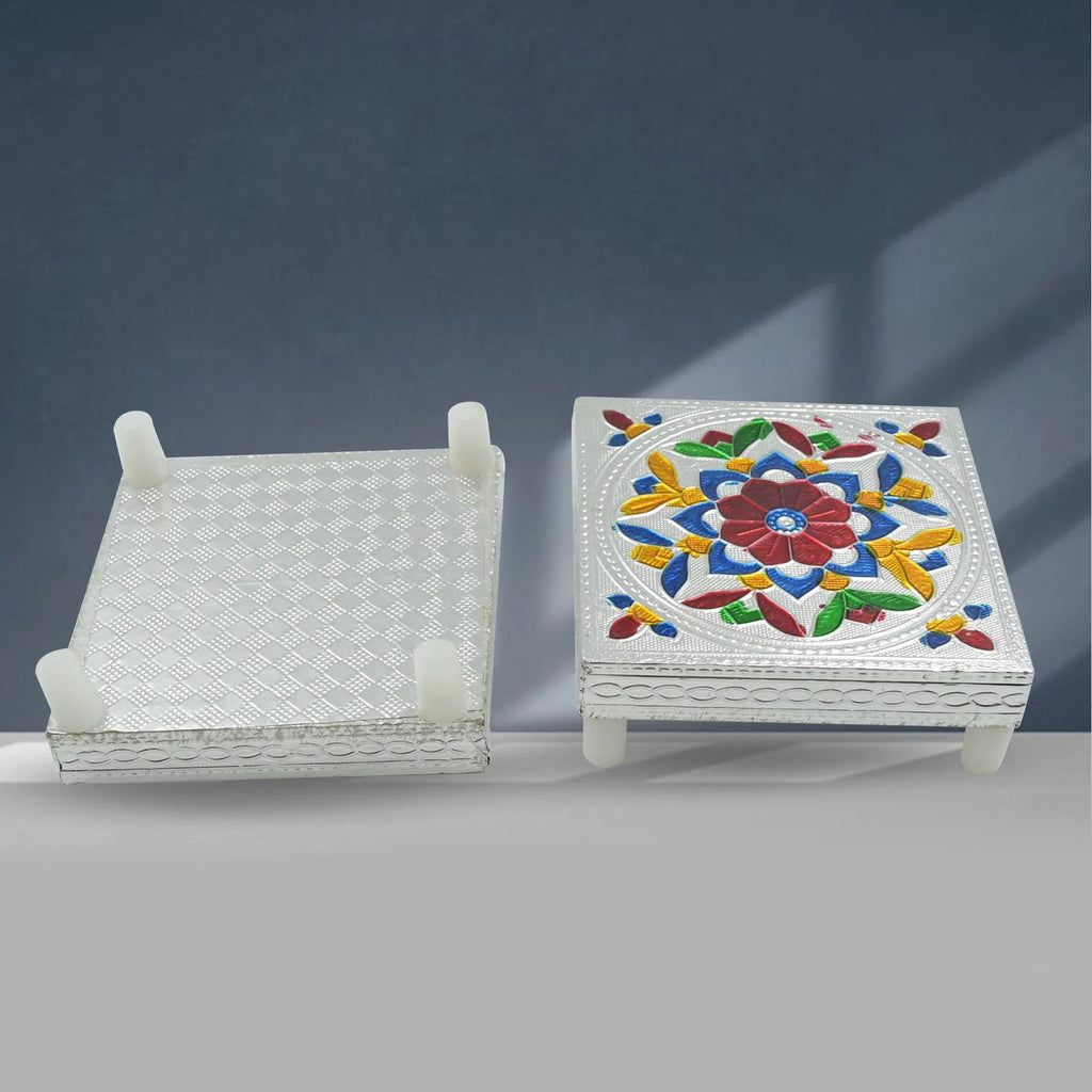 1 Pc Meenakari Wooden Chowki & Bajot Set: For Home & Office Puja (Multicolor)-Home Improvement-AniGuess-AniGuess