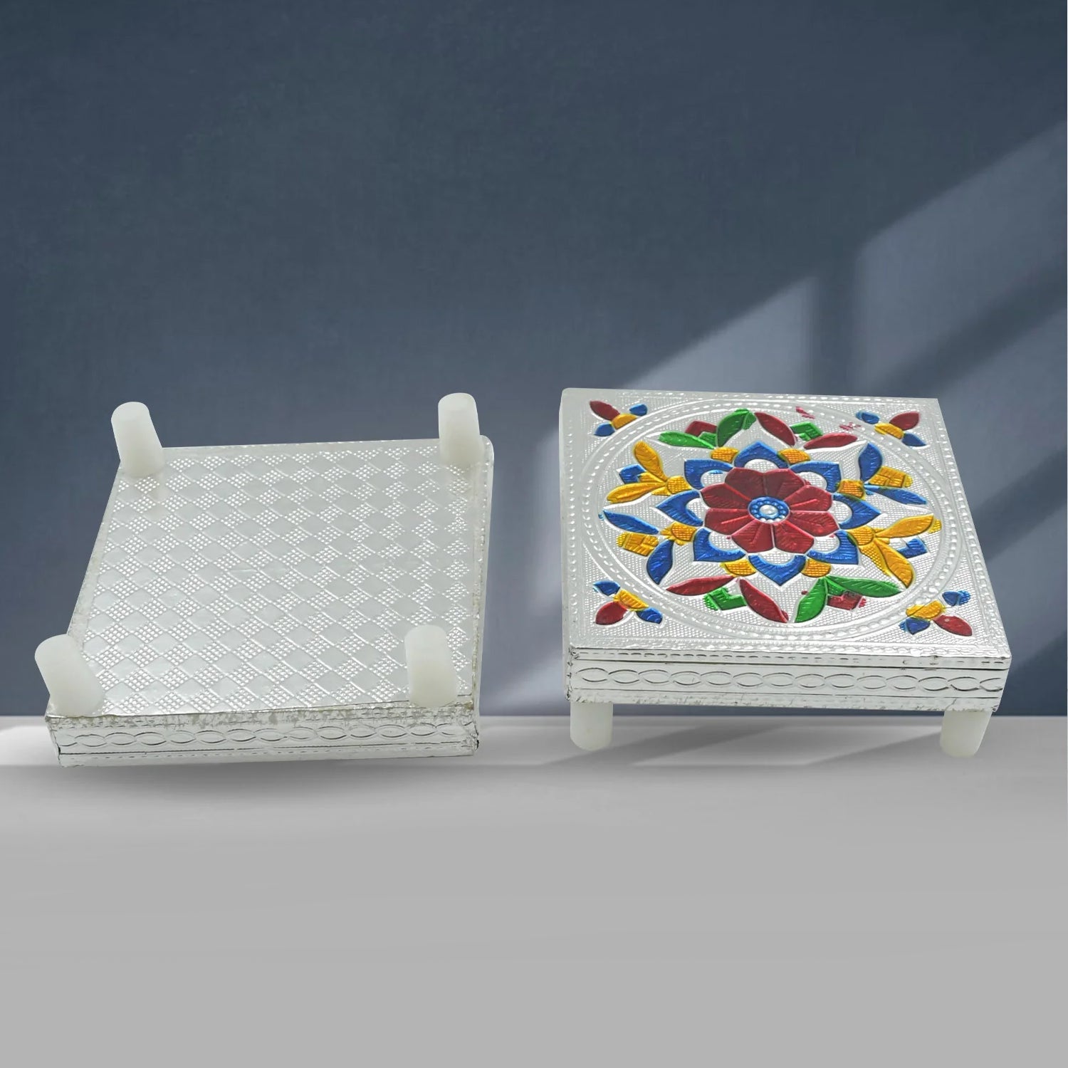 1 Pc Meenakari Wooden Chowki & Bajot Set: For Home & Office Puja (Multicolor)-Home Improvement-AniGuess-AniGuess