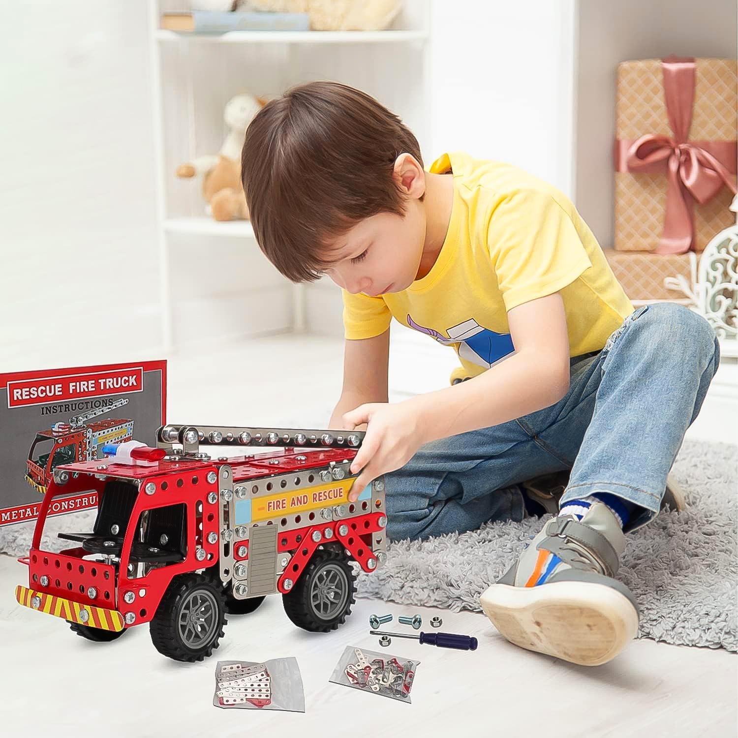 Metal DIY Fire Truck Building Blocks Kids (Fire Truck / 292pcs of truck tool / 1 Set)-Toys & Games-AniGuess-AniGuess