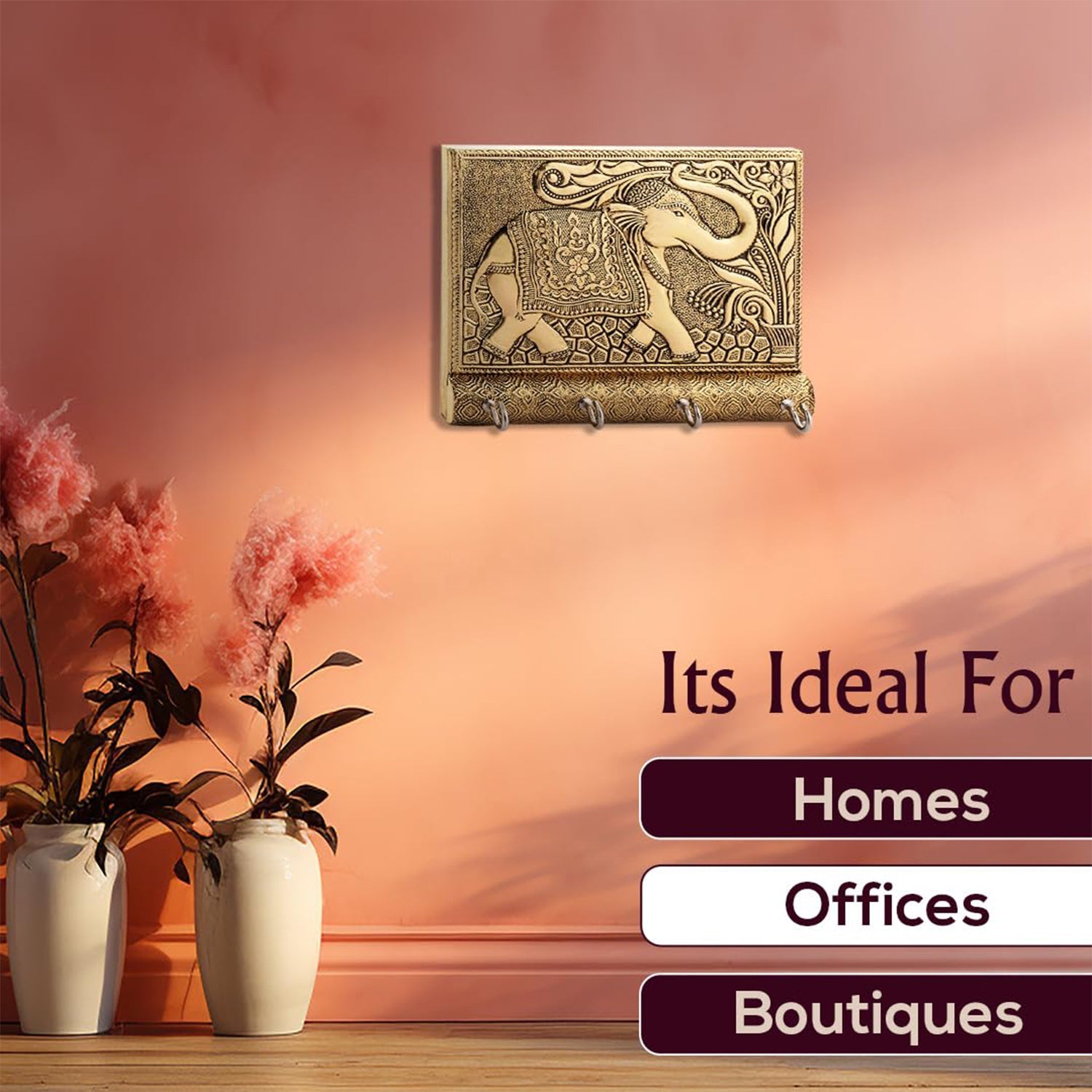 Wooden Key Holder for Home Decor Stylish Metal Gold Antique Elephant Design (1 Pc)-Home Improvement-AniGuess-AniGuess