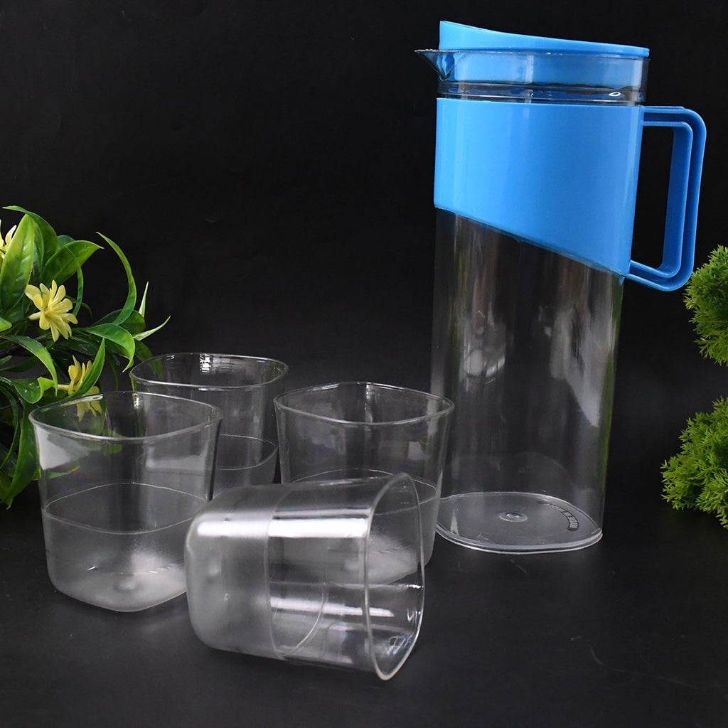 Transparent Premium Jug with Elegant Handle & 4 Plastic Glasses (2000 ML Approx)