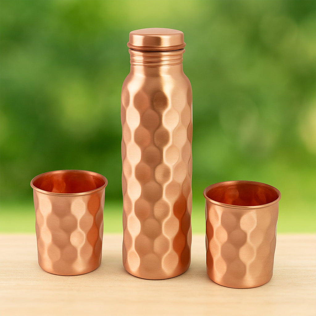 Diamond Cut Copper Water Bottle 2 Glasses with Gift Box (3 Pcs Set)-Home & Kitchen-AniGuess-AniGuess