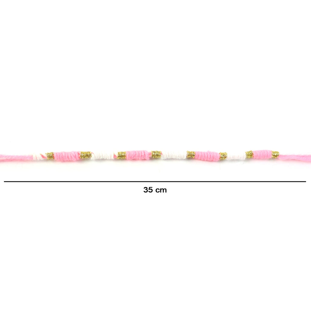 Cute Pink White Thread Rakhi for Brother with Golden Beads (1 Pc)