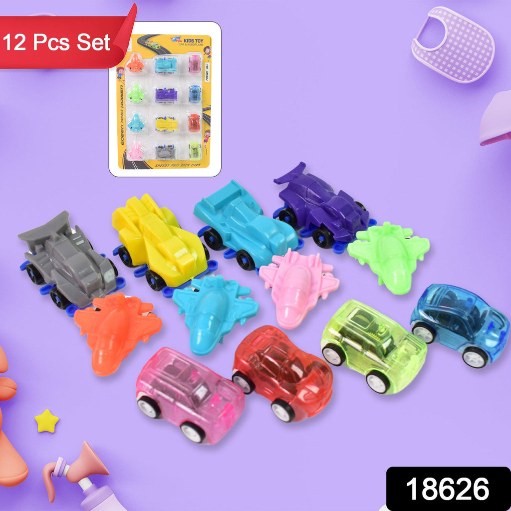 Mini Pull Back Car & Aeroplane Plastic Pull Back Car Cartoon Toys (12 Pcs Set)-Toys & Games-AniGuess-AniGuess