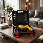 Drill machine tool kit open case on coffee table lifestyle