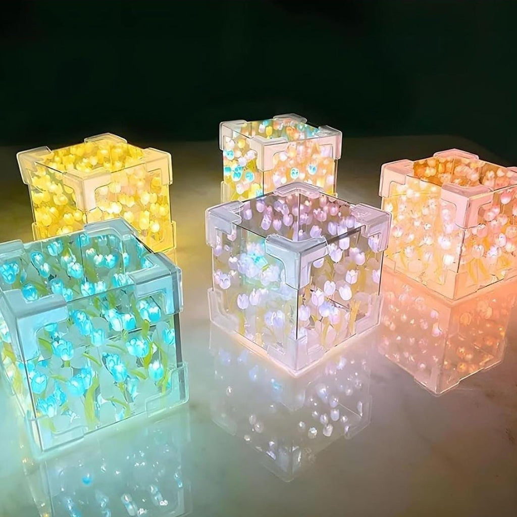 Cube Tulip Night Lamp | Led Decorative Nights Lamp (Multicolor & Design / 1 Set)-Home Improvement-AniGuess-AniGuess