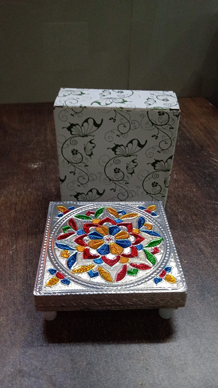 1 Pc Meenakari Wooden Chowki & Bajot Set: For Home & Office Puja (Multicolor)-Home Improvement-AniGuess-AniGuess