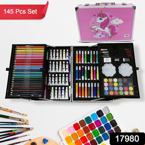 17980 Professional Art Set-Drawing Painting Sketching Coloring Kids Set All in 1 Art Case Perfect for Kids with Unicorn Design Case, Shading Crayons Oil Pastels Color Set Watercolor Cakes Paint Brush Sharpener Eraser (145 Pcs Set)-Office Products-AniGuess-AniGuess