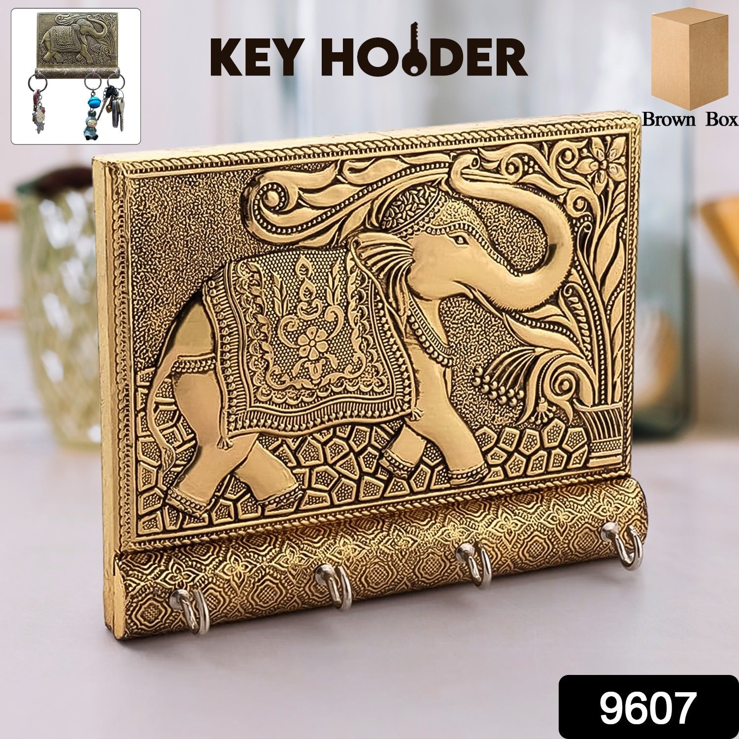Wooden Key Holder for Home Decor Stylish Metal Gold Antique Elephant Design (1 Pc)-Home Improvement-AniGuess-AniGuess