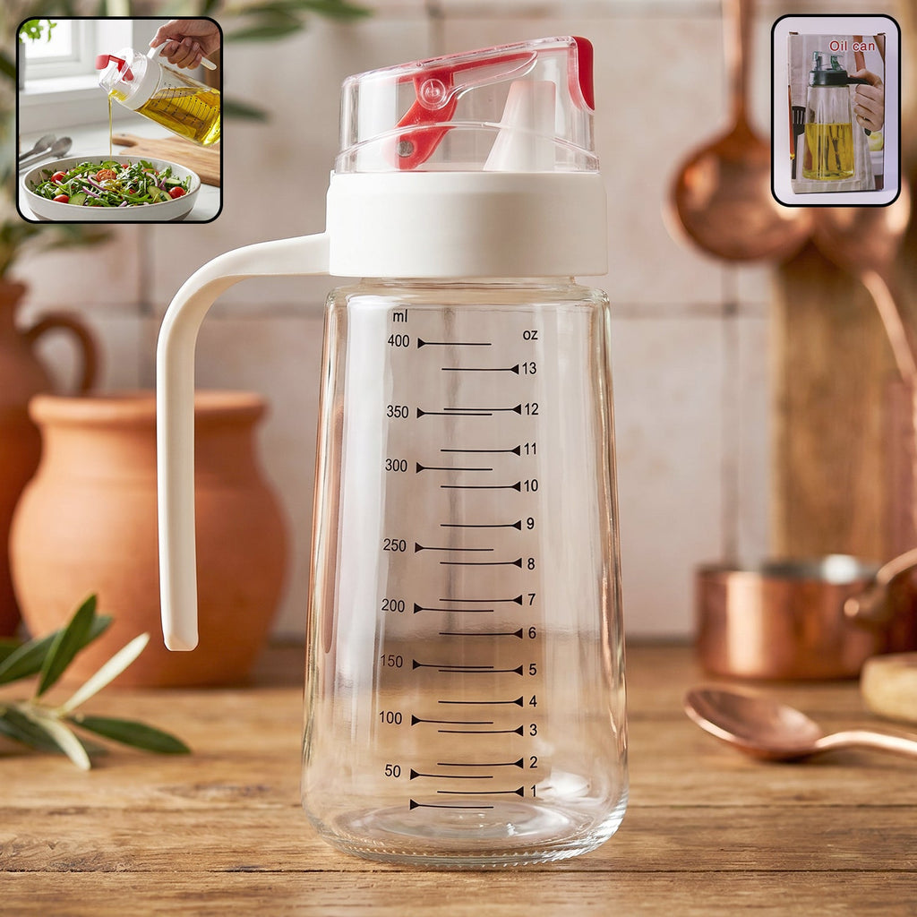 Glass Oil Dispenser Bottle 500ml on Kitchen Counter with Usage Inset Showing Oil Pouring and Side Handle Grip Close-up