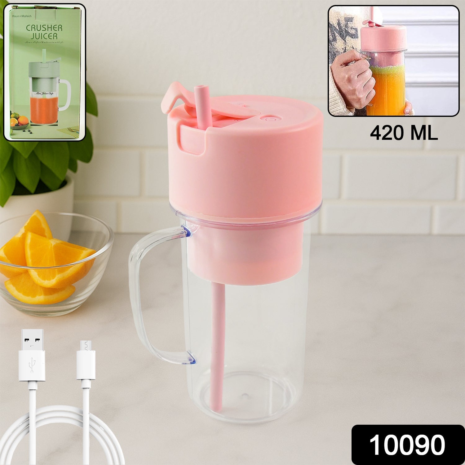 Portable Crusher Juicer With Handle & Straw, USB Rechargeable Multi Blades (420 ML)-Home & Kitchen-AniGuess-AniGuess